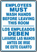 Bilingual Safety Sign: Employees Must Wash Hands Before Leaving This Room