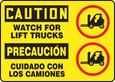 Bilingual OSHA Caution Safety Sign: Watch For Lift Trucks