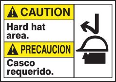 Bilingual ANSI Caution Visual Alert Safety Sign: Hard Hat Area