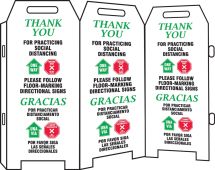 Triple-sided Fold-Ups® Safety Sign: Thank You For Practicing Social Distancing Please Follow Floor Marking Directional Signs (Bilingual-Spanish)