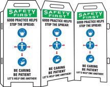 OSHA Safety First Triple-sided Fold-Ups® Safety Sign: Good Practice Helps Stop The Spread Be Caring Be Patient Let's Help One Another!