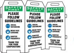OSHA Safety First Triple-sided Fold-Ups® Safety Sign: Please Follow Our Guidelines Below Social Distancing Wear Face Covering Wash Hands Frequently ..
