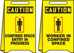 OSHA Caution Reversible Fold-Ups® Floor Sign: Confined Space Entry In Progress - Worker In Confined Space