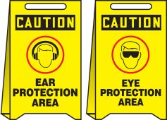 OSHA Caution Reversible Fold-Ups® Floor Sign: Ear Protection Area - Eye Protection Area