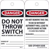 DANGER DO NOT THROW SWITCH MEN AT WORK ON CIRCUIT TAG