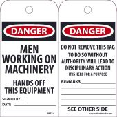 DANGER MEN WORKING ON MACHINERY HANDS OFF THIS EQUIPMENT TAG
