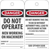 DANGER DO NOT OPERATE MEN WORKING ON MACHINERY TAG