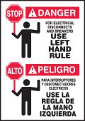 Bilingual OSHA Danger Safety Label: For Electrical Disconnects And Breakers - Use Left Hand Rule