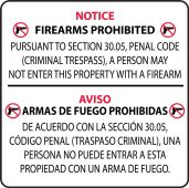 Bilingual Texas 30.05 Regulation Safety Signs: Notice Firearms Prohibited Pursuant to Section 30.05, Penal Code (Criminal Trespass), A Person ...