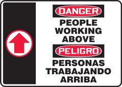 Bilingual OSHA Danger Safety Sign: People Working Above (Up Arrow)