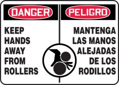 Bilingual OSHA Danger Safety Sign: Keep Hands Away From Rollers