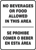 Bilingual Safety Sign: No Beverages Or Food Allowed In This Area