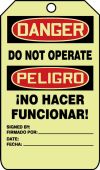 Glow Bilingual OSHA Danger Safety Tag: Do Not Operate