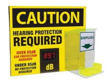 OSHA Caution Decibel Meter Sign With Ear Plug Dispenser