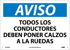 NOTICE ALL DRIVERS MUST CHOCK WHEELS SIGN - SPANISH