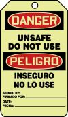 Glow Bilingual OSHA Danger Safety Tag: Unsafe Do Not Use- Inseguro No Lo Use