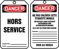 French OSHA Danger Safety Tag: Hors Service