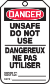 Bilingual OSHA Danger Safety Tag: Unsafe - Do Not Use