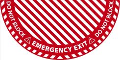 HALF CIRCLE DOOR SWING FLR SIGN: EMERG EXIT
